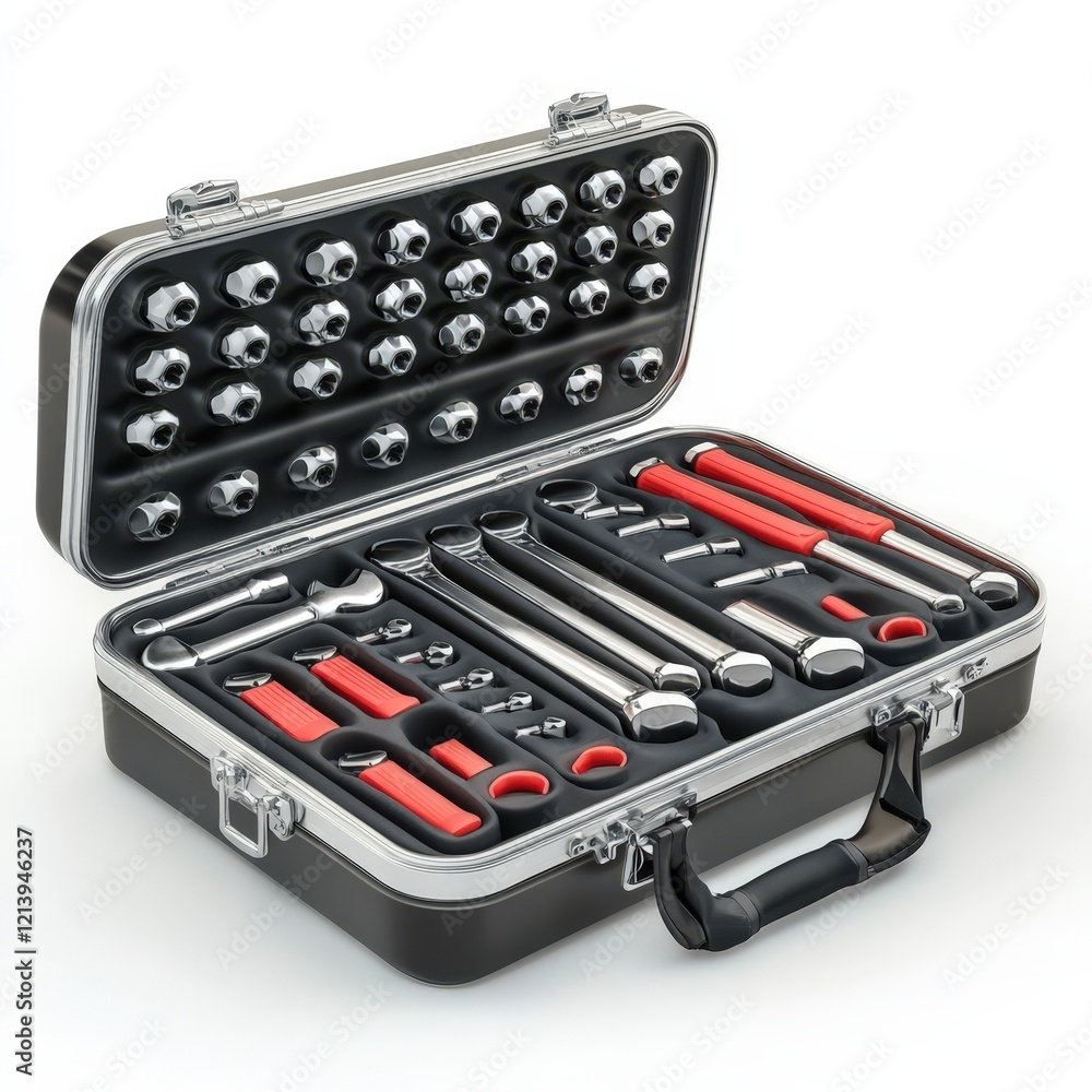 Open toolbox containing various tools and sockets Open toolbox containing various tools and sockets