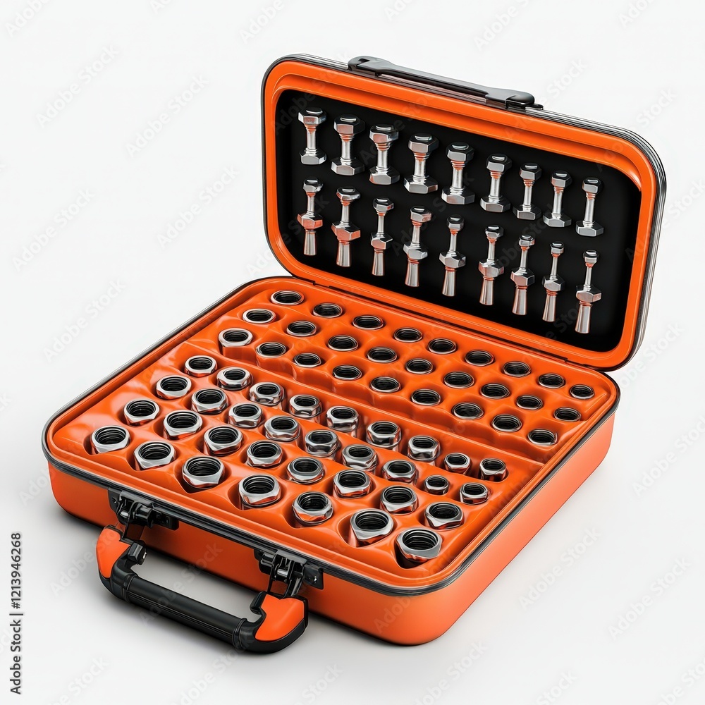 Orange Case Filled With Various Metal Nuts And Bolts Orange Case Filled With Various Metal Nuts And Bolts