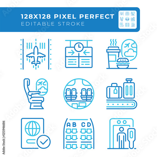 Airport services two color line icons set. Passenger experience and airport operations. Travel logistics. Bicolor outline iconset isolated. Duotone pictograms thin linear. Editable stroke