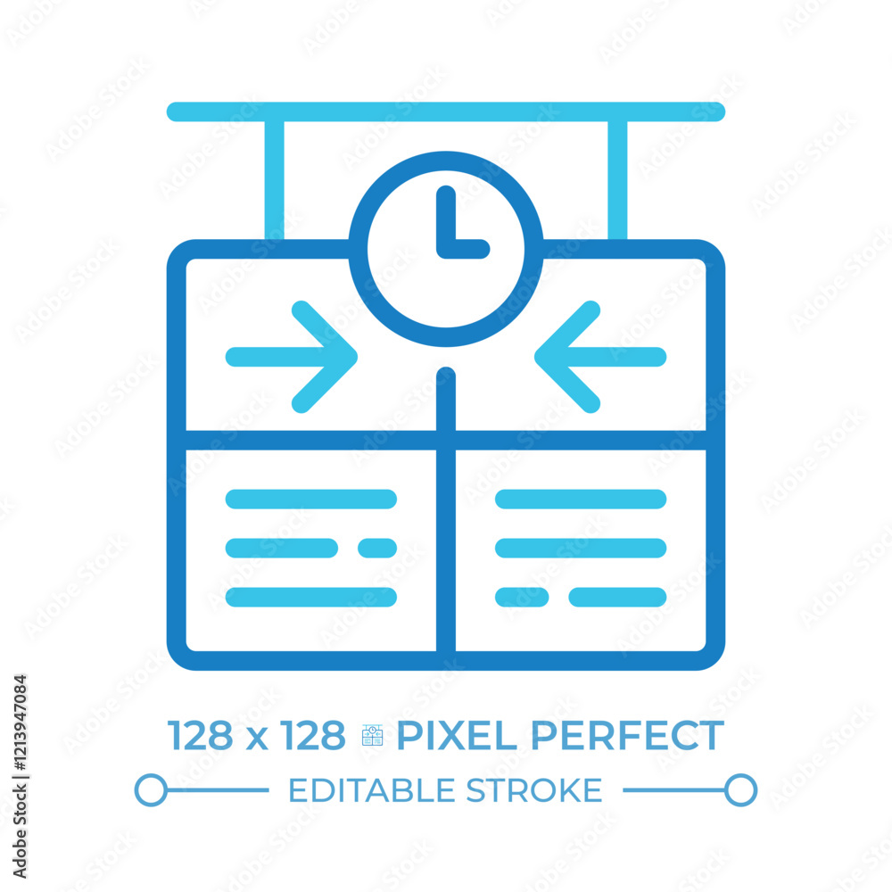 Timetable two color line icon. Schedule board with clock. Flight schedules, arrivals and departures. Bicolor outline symbol. Duotone linear pictogram. Isolated illustration. Editable stroke Timetable two color line icon. Schedule board with clock. Flight schedules, arrivals and departures. Bicolor outline symbol. Duotone linear pictogram. Isolated illustration. Editable stroke