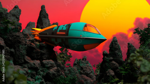 Wallpaper Mural Retro spaceship gliding over rocky terrain and verdant landscape, navigating alien planetary environment with vibrant yellow sun and magenta red atmospheric backdrop Torontodigital.ca