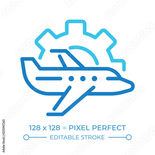 Aircraft maintenance two color line icon. Technical service. Plane, gear. Engineering and upkeep in aviation. Bicolor outline symbol. Duotone linear pictogram. Isolated illustration. Editable stroke