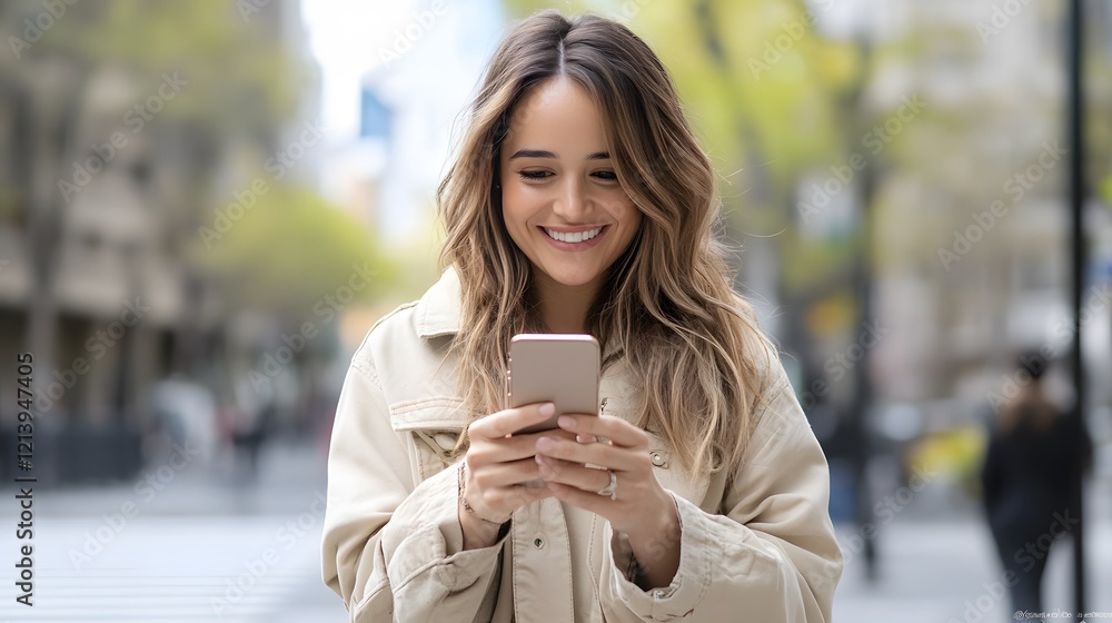 Woman smiling, city street, phone, spring, message, happy, urban, communication, technology, advertisement Woman smiling, city street, phone, spring, message, happy, urban, communication, technology, advertisement