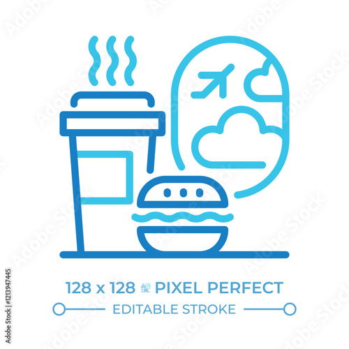 Inflight catering two color line icon. Meals and beverages served during flights. Plane porthole. Bicolor outline symbol. Duotone linear pictogram. Isolated illustration. Editable stroke