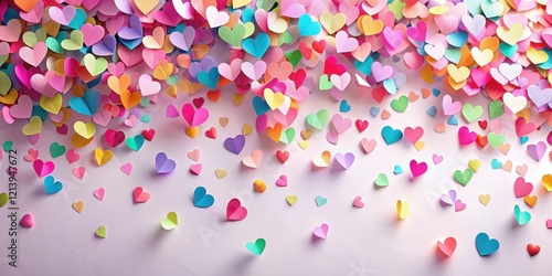 Colorful hearts made of paper floating in the air with pink confetti overlay on a white background