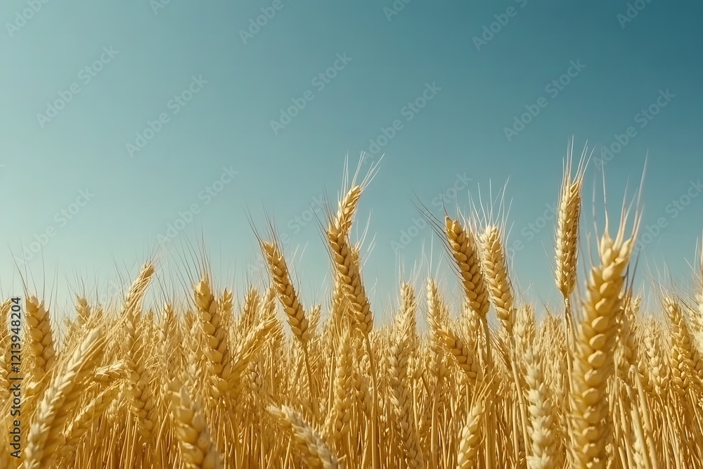 Fototapeta premium Close Up of Grain Heads A close up of ripe wheat or barley heads swaying in the wind glistening under sunlight 