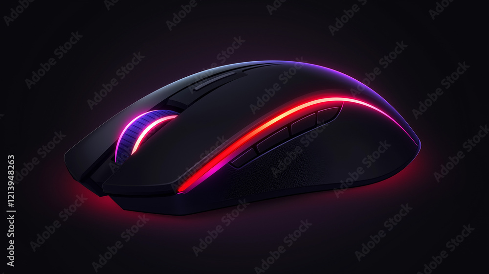 Gaming Mouse with RGB Lighting: A sleek, black gaming mouse with vibrant RGB lighting accents illuminates the dark background, showcasing its ergonomic design and advanced features. Gaming Mouse with RGB Lighting: A sleek, black gaming mouse with vibrant RGB lighting accents illuminates the dark background, showcasing its ergonomic design and advanced features.