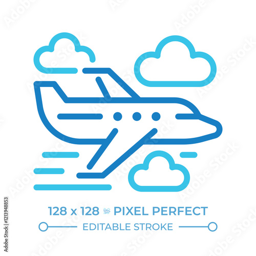 Passenger plane two color line icon. Representing air travel and transportation. Commercial aviation. Bicolor outline symbol. Duotone linear pictogram. Isolated illustration. Editable stroke