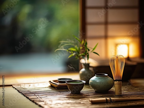 Traditional japanese tea ceremony setting with matcha whisk, teapot, and bamboo mat, creating a peaceful and authentic cultural scene. 