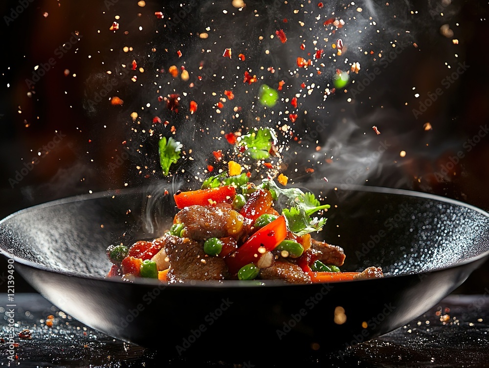 Dynamic beef stir-fry in a bowl with chili flakes falling in a dark and moody setting, highlighting action and spice in a culinary presentation. Dynamic beef stir-fry in a bowl with chili flakes falling in a dark and moody setting, highlighting action and spice in a culinary presentation.