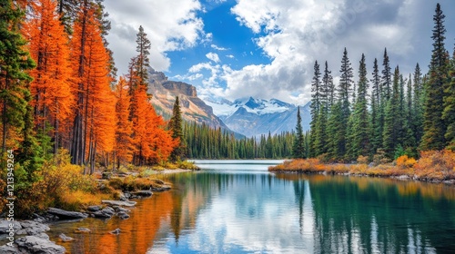 Wallpaper Mural Autumnal lake scene with vibrant trees and snow capped mountains Torontodigital.ca
