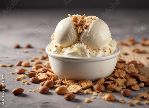 Creamy coconut ice cream topped with mixed nuts and crushed cookies on top, coconut, ice cream, creamy texture photo