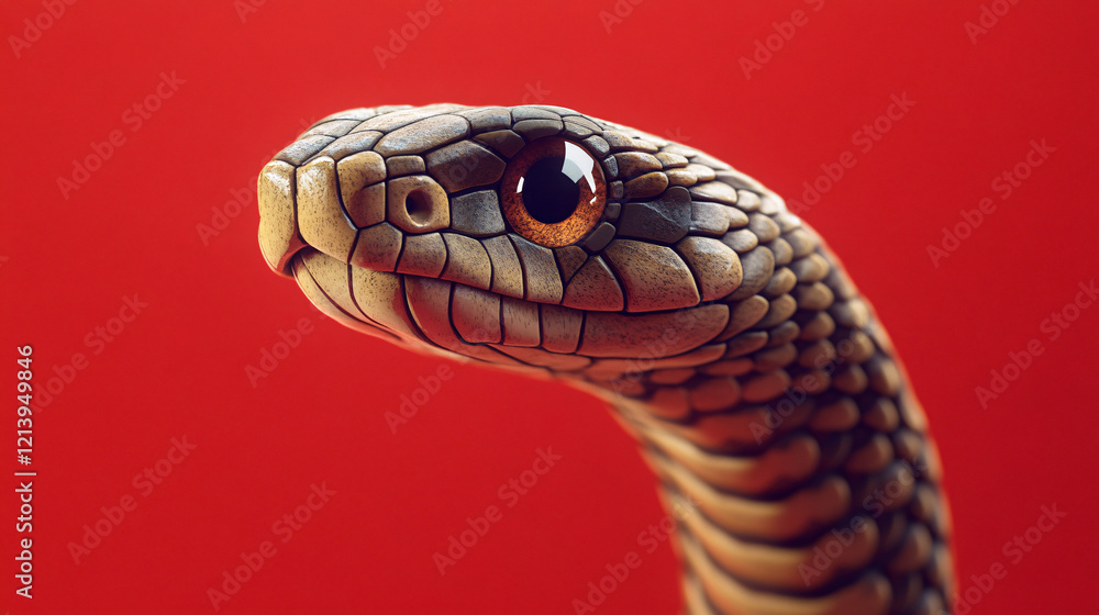 Close-up portrait of a fierce snake with dark patterned scales and golden eyes against a red background highlighting its predatory intensity and beauty
Close-up portrait of a fierce snake with dark patterned scales and golden eyes against a red background highlighting its predatory intensity and beauty