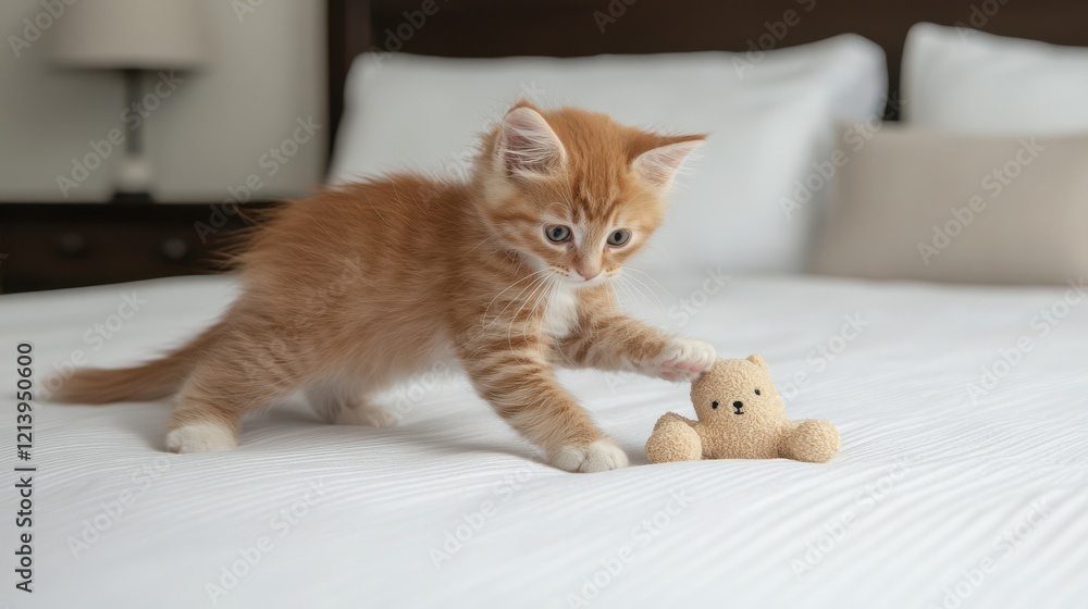 Playful Kitten with Stuffed Animal on Soft Bed Playful Kitten with Stuffed Animal on Soft Bed