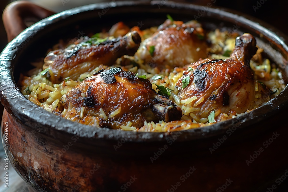 A Close-Up of Dum Handi Chicken Biryani Prepared with Rich Spices. A Close-Up of Dum Handi Chicken Biryani Prepared with Rich Spices.