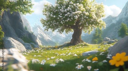 Serene Spring Blossom Tree: Idyllic Mountain Meadow Landscape photo