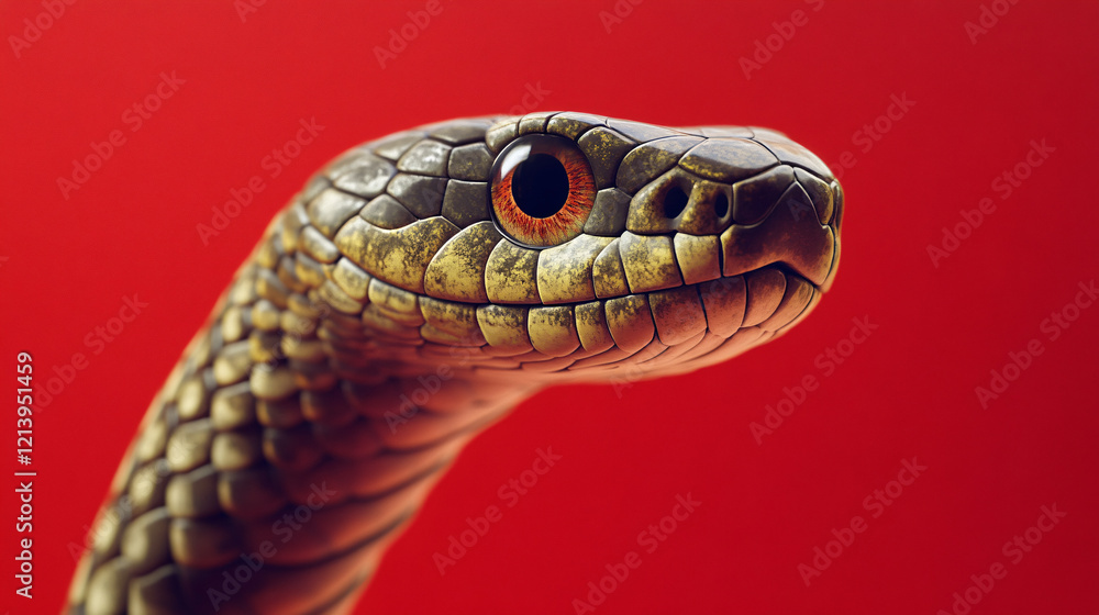 A golden and brown snake with highly detailed scales and sharp eyes in a close-up shot against a bold red background
A golden and brown snake with highly detailed scales and sharp eyes in a close-up shot against a bold red background