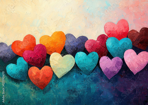 Colorful hearts on textured background, vibrant and cheerful