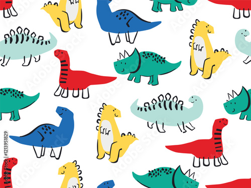 Multicolor Doodle Dinosaur Seamless Pattern All Over Print Vector Illustration