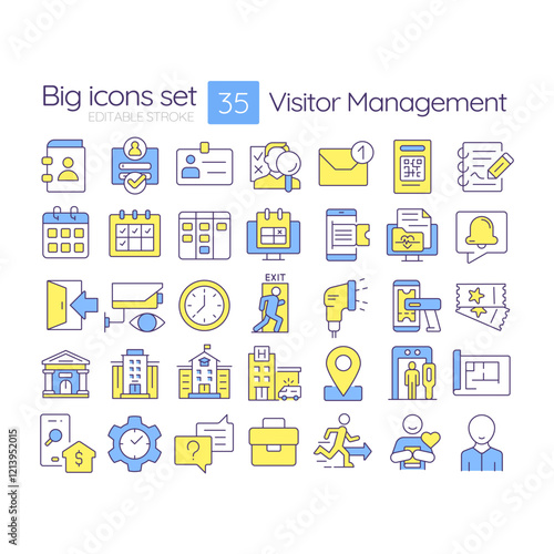Visitor management RGB color icons set. Scheduling systems. Employee communication, workplace safety. Isolated vector illustrations. Simple filled line drawings collection. Editable stroke