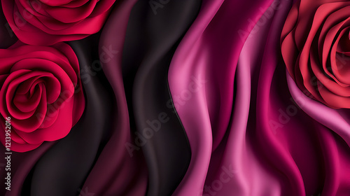 Curtain Black dark purple red burgundy maroon magenta pink rose abstract background Silk satin fabric Silky shine glitter Soft folds draped wave wavy lineBeautiful elegant luxury festive romantic photo