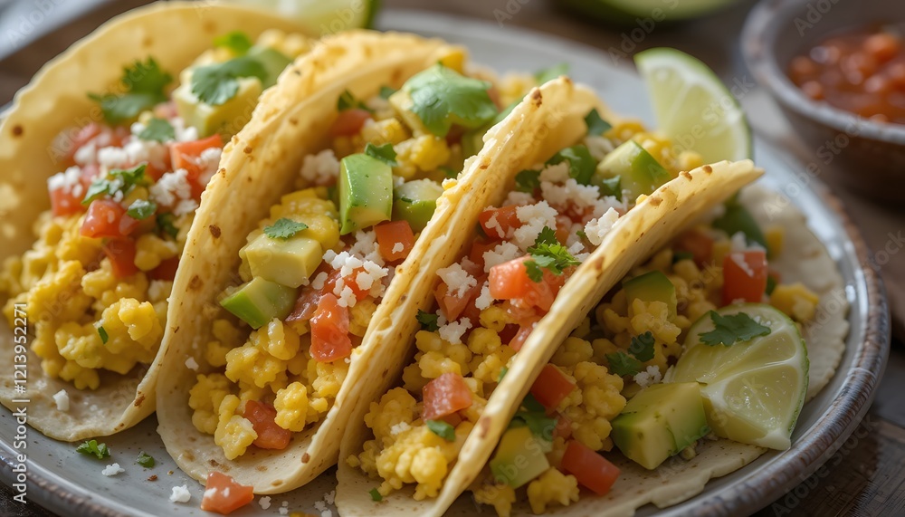 Soft tacos filled with scrambled eggs, avocado, diced tomatoes, shredded cheese, and a sprinkle of cilantro, served with lime wedges and a side of salsa. Soft tacos filled with scrambled eggs, avocado, diced tomatoes, shredded cheese, and a sprinkle of cilantro, served with lime wedges and a side of salsa.