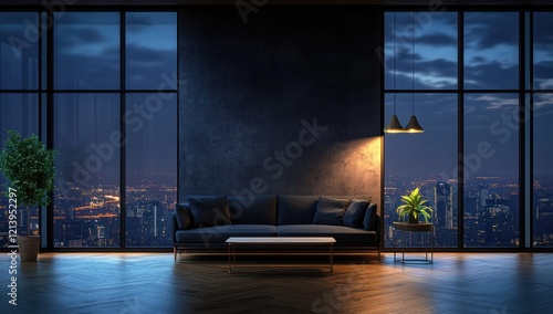 Modern apartment living room with city night view
