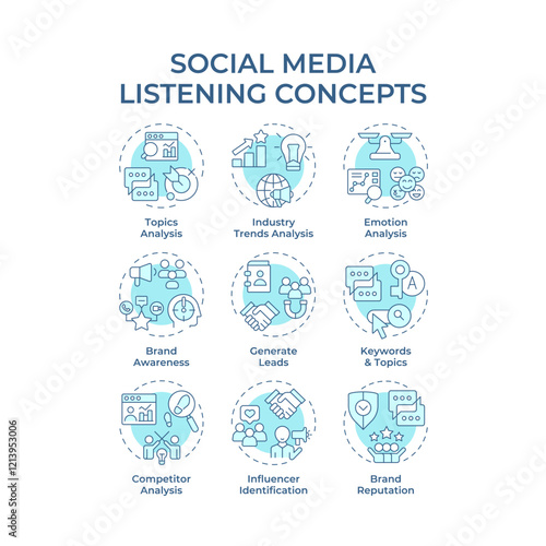 Social media listening soft blue concept icons. Marketing strategy, promoting. Industry trends, analysis. Icon pack. Vector images. Round shape illustrations for infographic. Abstract idea