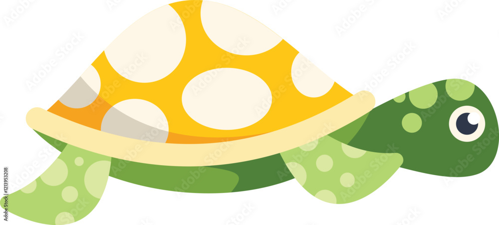 Happy cartoon turtle with a yellow shell covered in white polka dots, crawling forward Happy cartoon turtle with a yellow shell covered in white polka dots, crawling forward