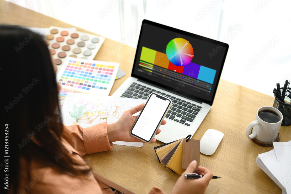 Interior designer holding smartphone reviewing design sketches and wooden material samples Interior designer holding smartphone reviewing design sketches and wooden material samples