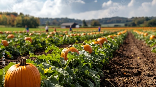 Autumn pumpkin patch family fun, rural landscape photo