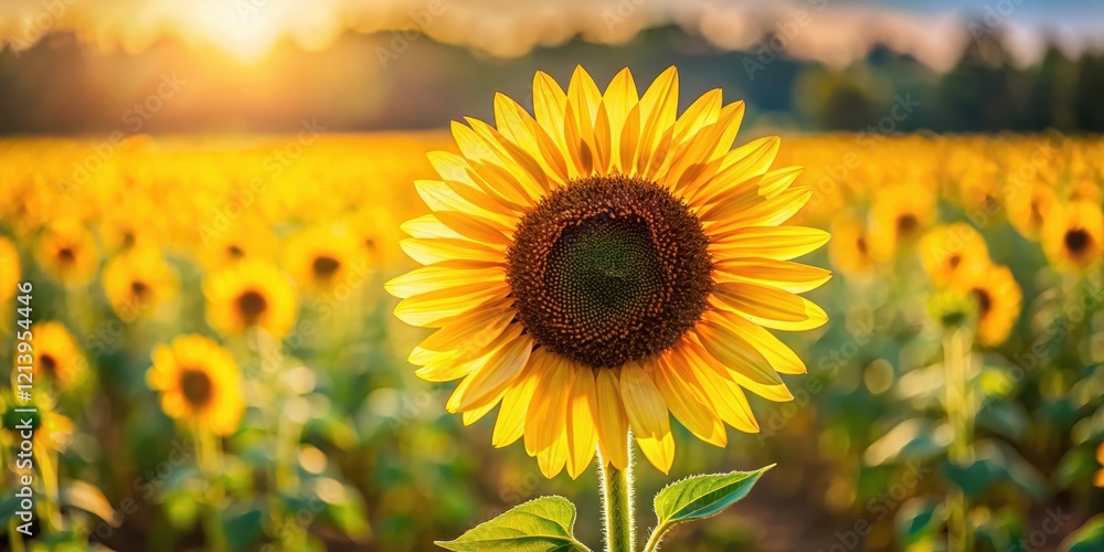 Fototapeta premium A bright yellow sunflower with dark brown petals and a prominent center, standing alone in a field on a warm sunny day , bloom