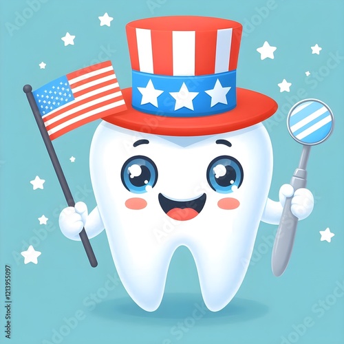 4 th of July tooth dental icon isolated. Dentist cute tooth character in Uncle Sam hat. Flat design cartoon style vector independence day dental illustration