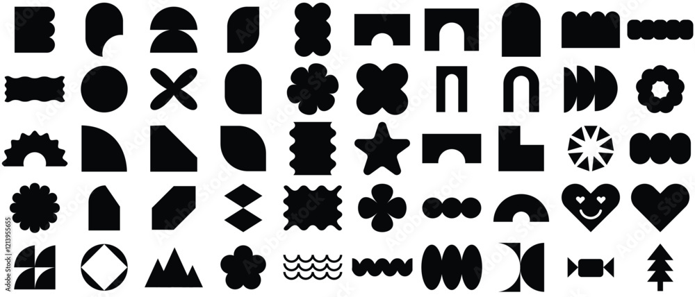 Fototapeta premium Brutalist abstract geometric shapes and grids. Y2K Geometric design element shapes.Brutal contemporary figure star oval spiral flower and other primitive elements. 