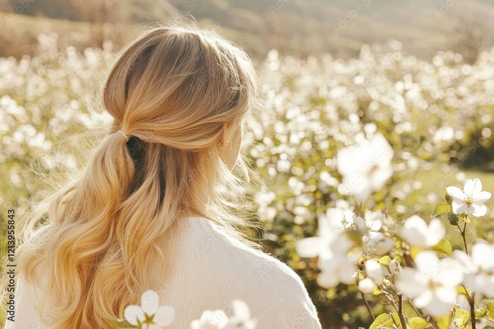 Naklejka premium Golden hour light enhances serene beauty of woman in blooming fl