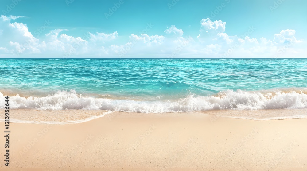 Tranquil Tropical Beach with Turquoise Ocean Waves and Idyllic Coastline Scenery Scenic View of Sandy Beach Clear Azure Water and Cloudless Sky on a Sunny Summer Day Tranquil Tropical Beach with Turquoise Ocean Waves and Idyllic Coastline Scenery Scenic View of Sandy Beach Clear Azure Water and Cloudless Sky on a Sunny Summer Day