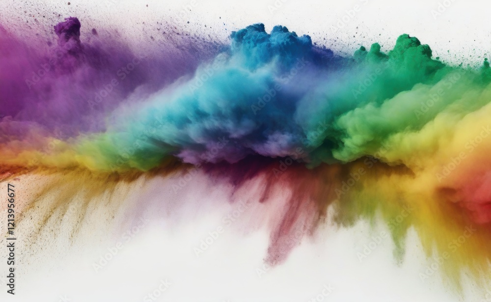 Fototapeta premium A vibrant explosion of multicolored powder bursts outwards against a stark white background