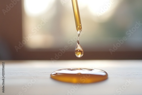 Wallpaper Mural Golden liquid slowly dripping from pipette onto wooden surface, Torontodigital.ca