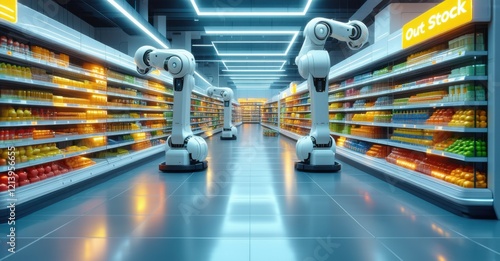 Futuristic supermarket with robotic arms managing stocked shelves, glowing neon lighting, smart automation, AI-powered inventory tracking, high-tech retail efficiency, and self-sustaining supply chain photo