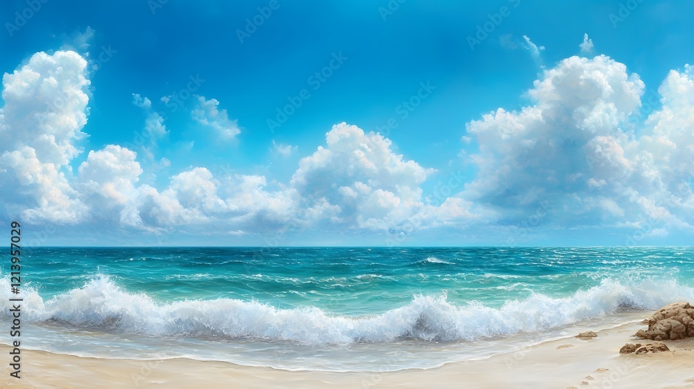 Stunning panoramic view of a beautiful tropical beach with turquoise blue ocean waves crashing against the shore surrounded by a clear blue sky with fluffy white clouds A peaceful Stunning panoramic view of a beautiful tropical beach with turquoise blue ocean waves crashing against the shore surrounded by a clear blue sky with fluffy white clouds A peaceful