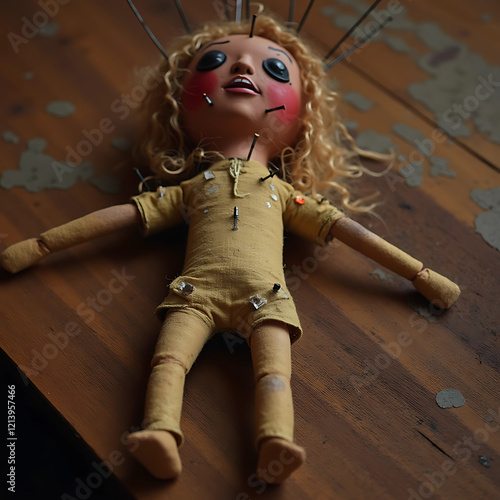 Eerie doll on a Wooden Table Scene