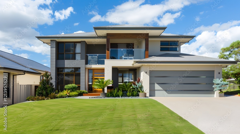 Front view of a contemporary house with manicured lawn and driveway Front view of a contemporary house with manicured lawn and driveway