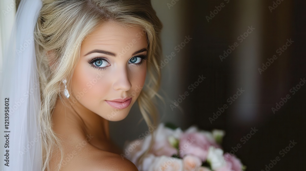 Beautiful bride with captivating blue eyes holding a bouquet in an elegant setting, radiant and timeless. Generative AI Beautiful bride with captivating blue eyes holding a bouquet in an elegant setting, radiant and timeless. Generative AI