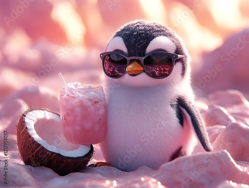 Cheerful 3D Penguin Wearing Sunglasses Enjoying Coconut Water in Serene Mountain Landscape photo