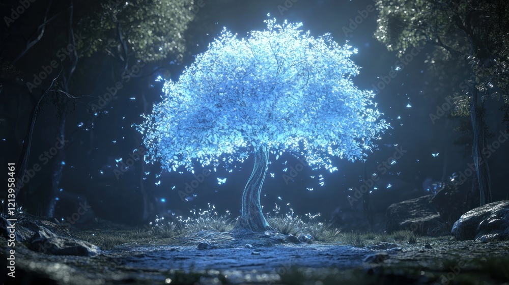Fototapeta premium Glowing Blue Tree Surrounded By Butterflies In Forest