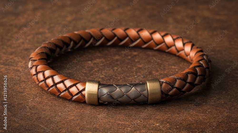 A braided leather bracelet with metallic accents, placed on a rugged brown background. A braided leather bracelet with metallic accents, placed on a rugged brown background.