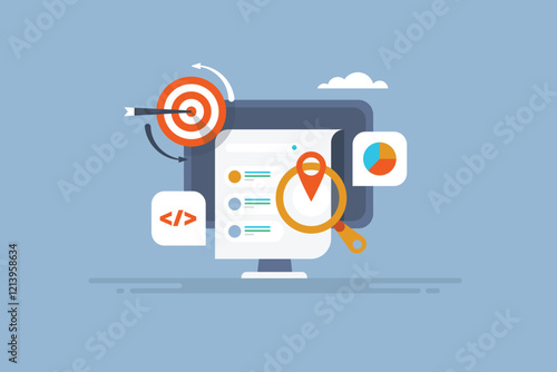 Search engine advertising with re-targeting customer tracking technology, PPC and display ad network code integration to website, vector illustration.