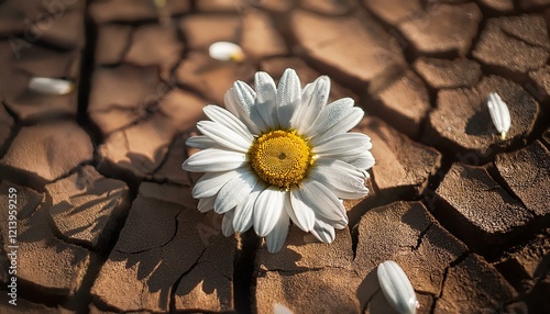 Daisy flower struggling to survive in cracked soil