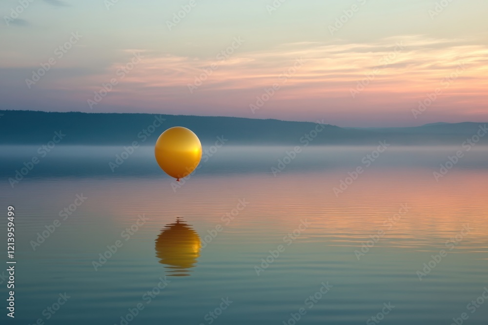 Golden balloon floating above a calm lake at sunset serene nature scene tranquil environment dreamy reflection peaceful viewpoint captivating concept Golden balloon floating above a calm lake at sunset serene nature scene tranquil environment dreamy reflection peaceful viewpoint captivating concept