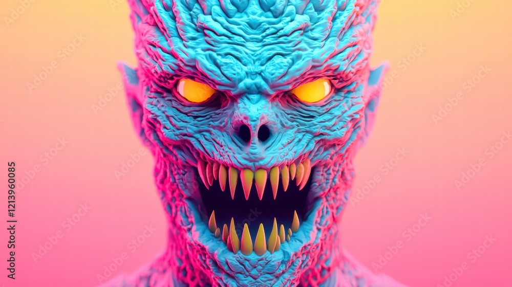 A vibrant monster face with glowing yellow eyes and sharp teeth, set against a colorful gradient background. A vibrant monster face with glowing yellow eyes and sharp teeth, set against a colorful gradient background.